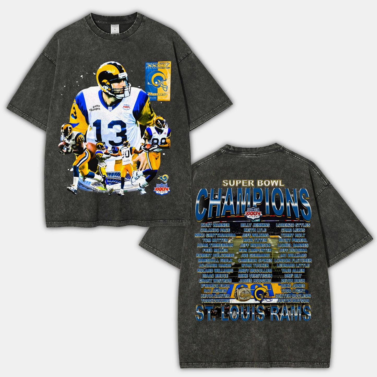 Unisex-Adult Ultra Cotton Washed T-Shirt Graphic SUPER BOWL XXXIV CHAMPS - RAMS TEE