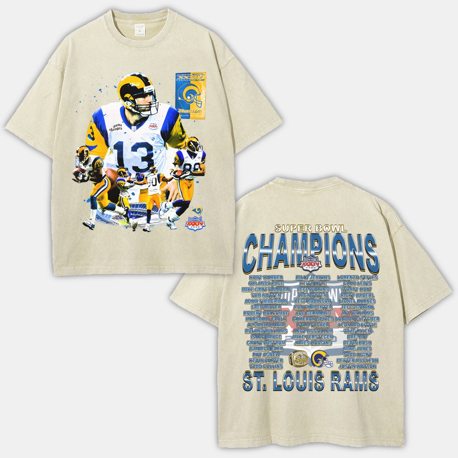 Unisex-Adult Ultra Cotton Washed T-Shirt Graphic SUPER BOWL XXXIV CHAMPS - RAMS TEE