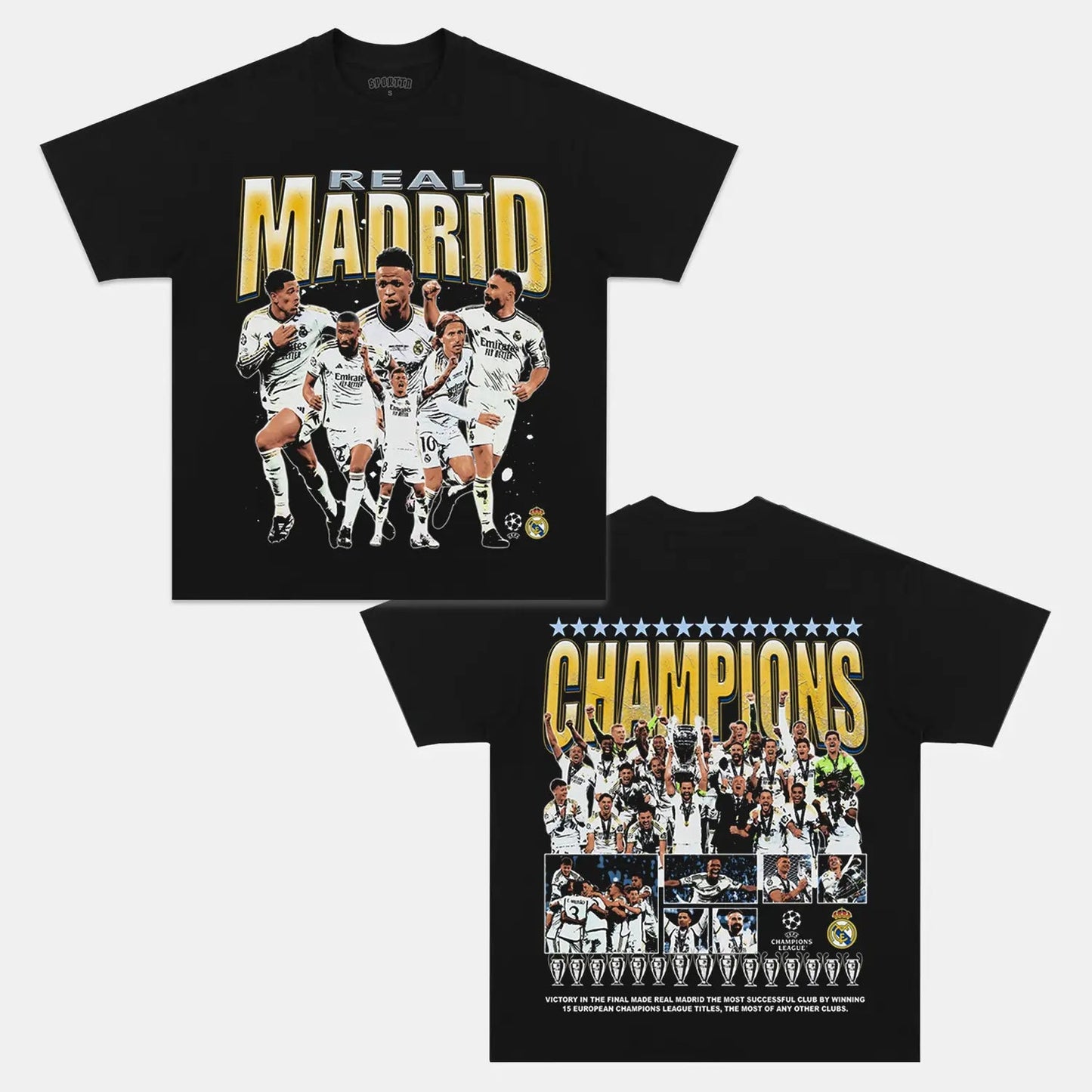 Unisex-Adult Ultra Cotton Washed T-Shirt Graphic 2024 UCL CHAMPS - REAL MADRID TEE