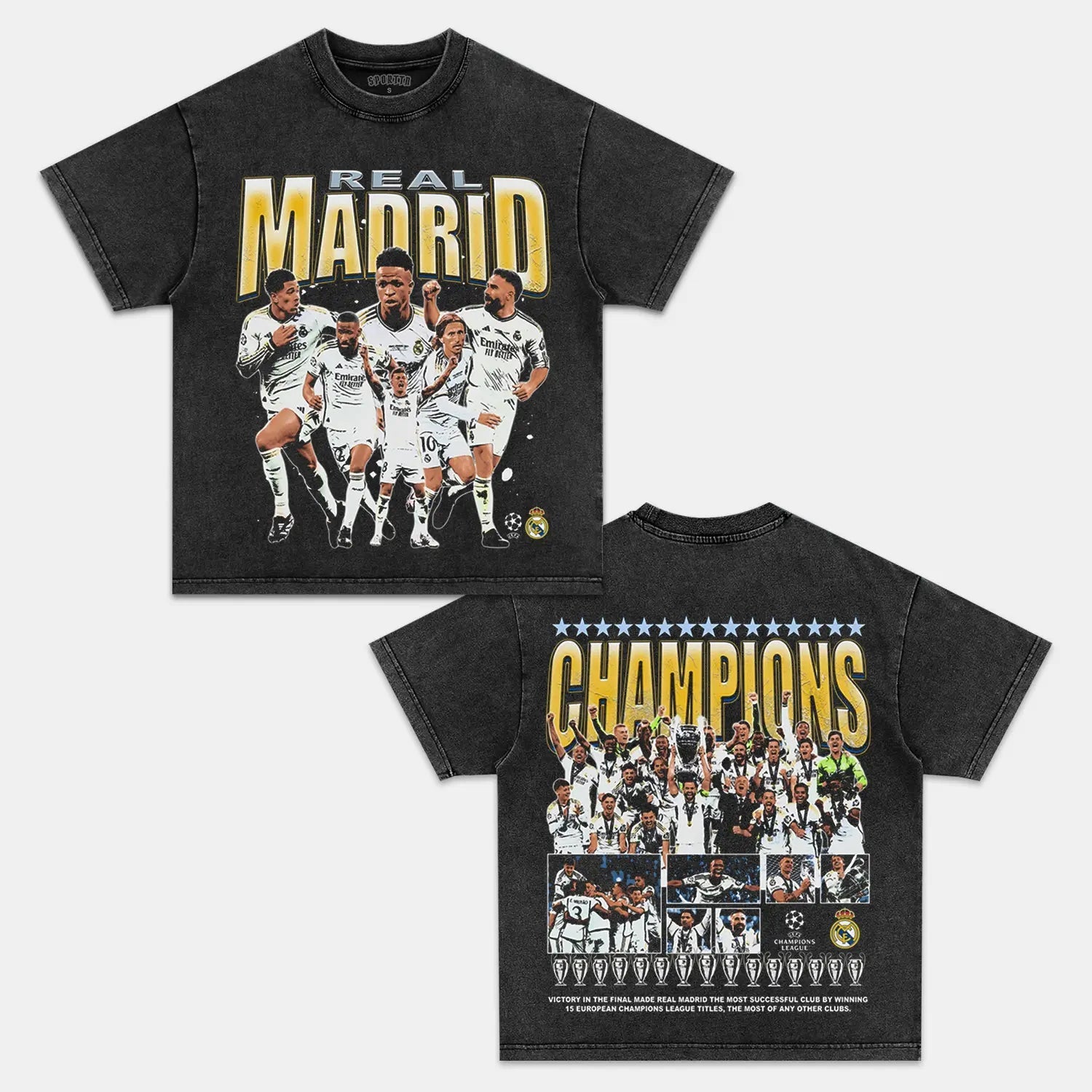 Unisex-Adult Ultra Cotton Washed T-Shirt Graphic 2024 UCL CHAMPS - REAL MADRID TEE