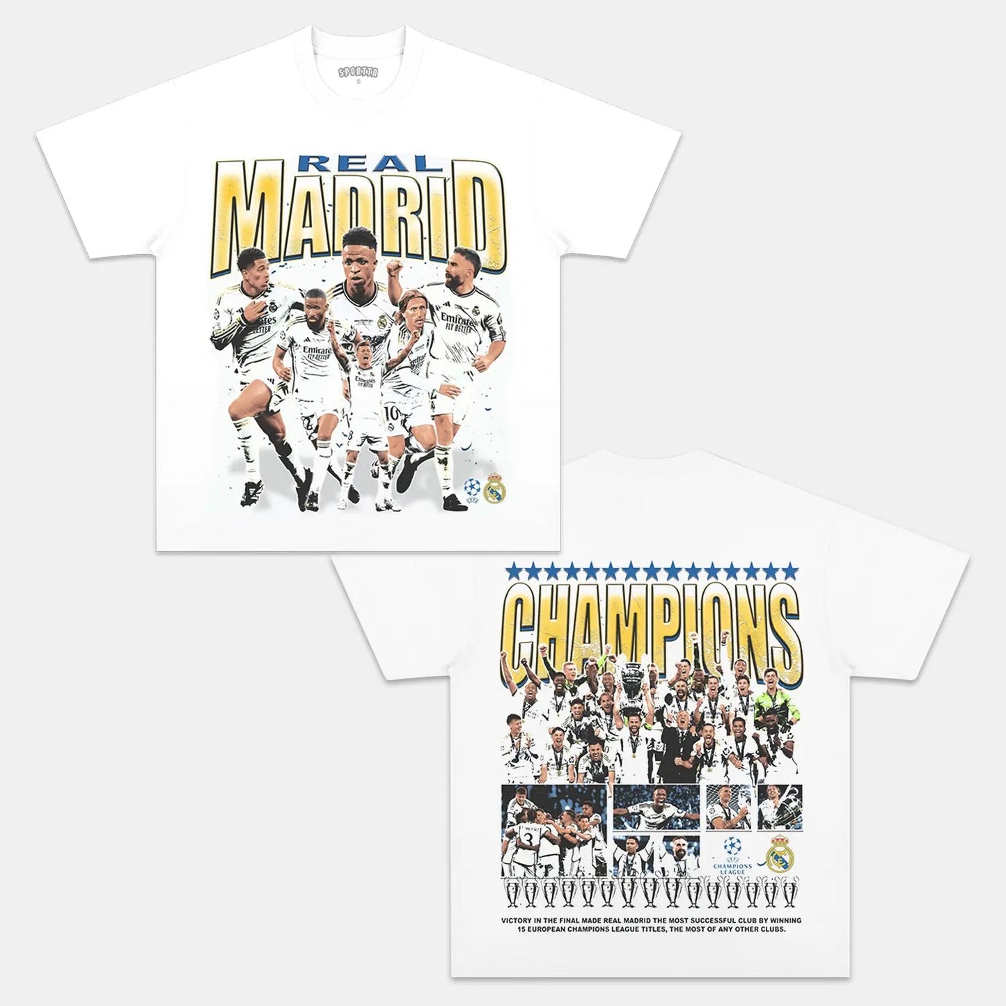 Unisex-Adult Ultra Cotton Washed T-Shirt Graphic 2024 UCL CHAMPS - REAL MADRID TEE