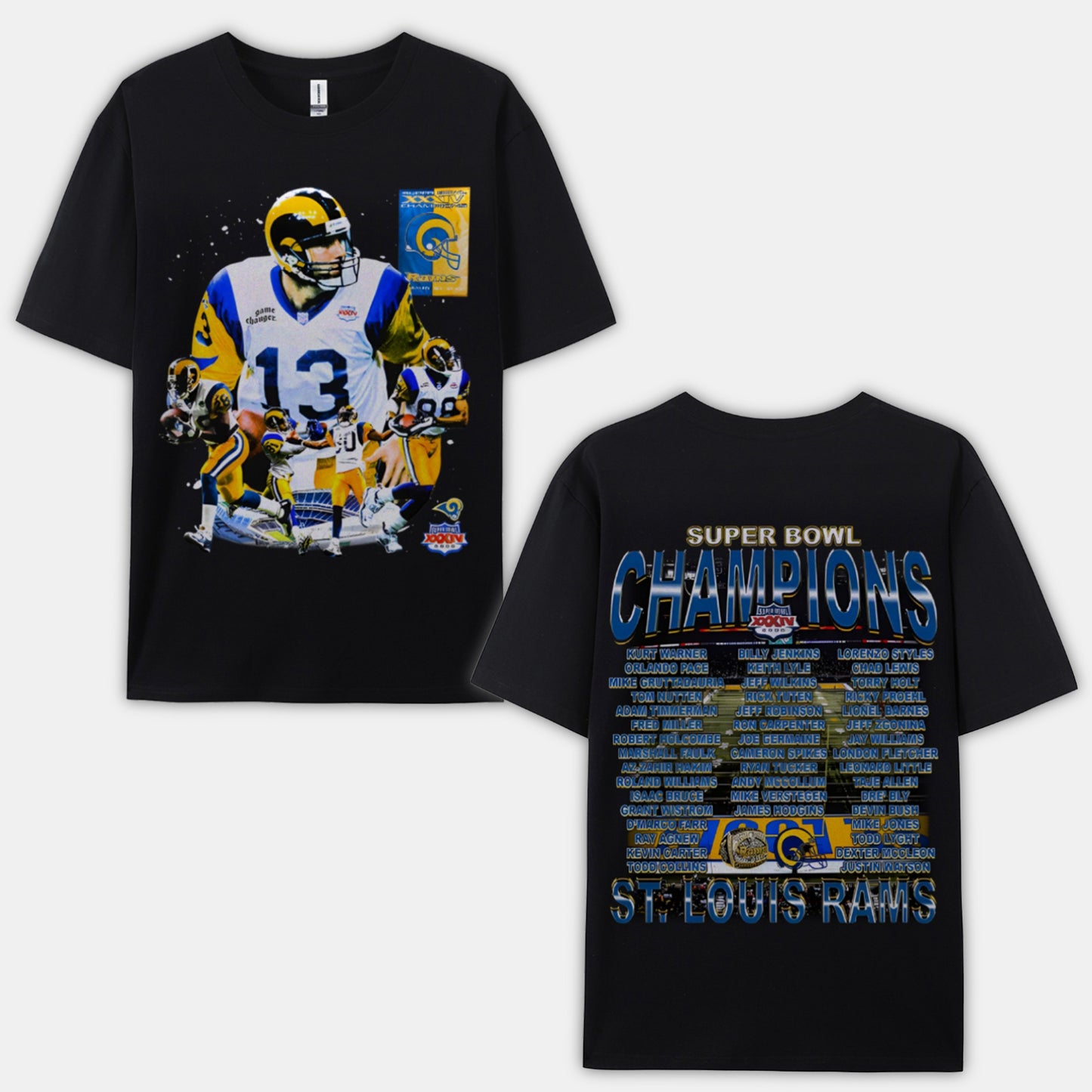 Unisex-Adult Ultra Cotton Washed T-Shirt Graphic SUPER BOWL XXXIV CHAMPS - RAMS TEE