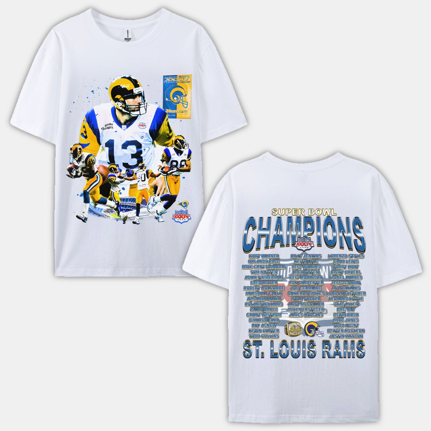 Unisex-Adult Ultra Cotton Washed T-Shirt Graphic SUPER BOWL XXXIV CHAMPS - RAMS TEE