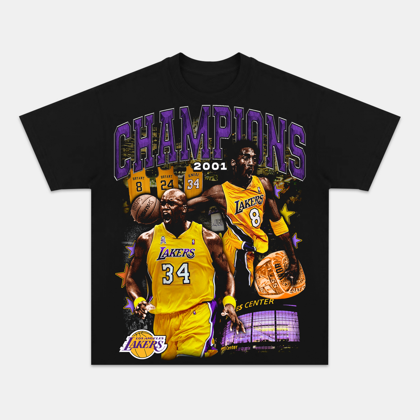 Unisex-Adult Ultra Cotton Washed T-Shirt Graphic 2001 CHAMPIONS SHAQ AND KOBE