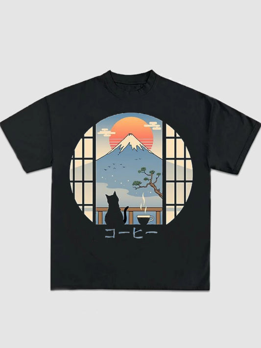 Coffee Cat in Mt. Fuji Graphic Tee