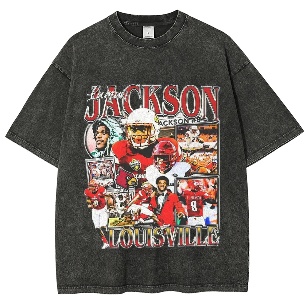 Unisex-Adult Ultra Cotton Washed T-Shirt Graphic  LAMAR JACKSON - LOUISVILLE TEE